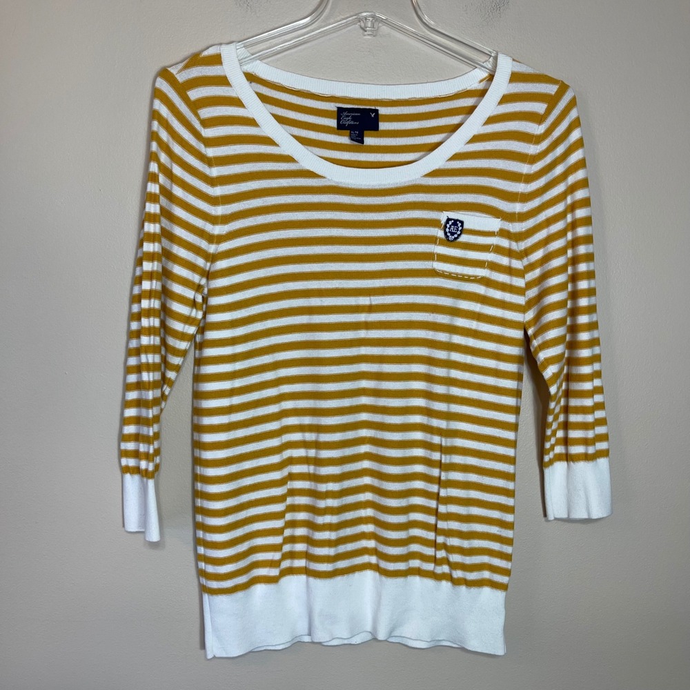 American Eagle Women XL Mustard Yellow White Striped 3/4 Sleeve Cotton Sweater